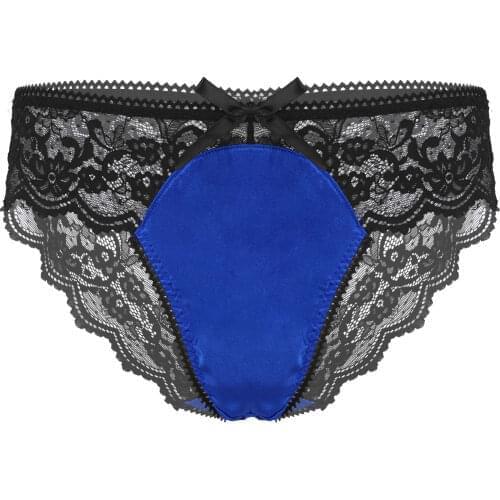 Mens Sissy Lingerie Panties See Through Floral Lace Satin Patchwork Bowknot Briefs Low Waist Elastic Waist Wetlook Underpants