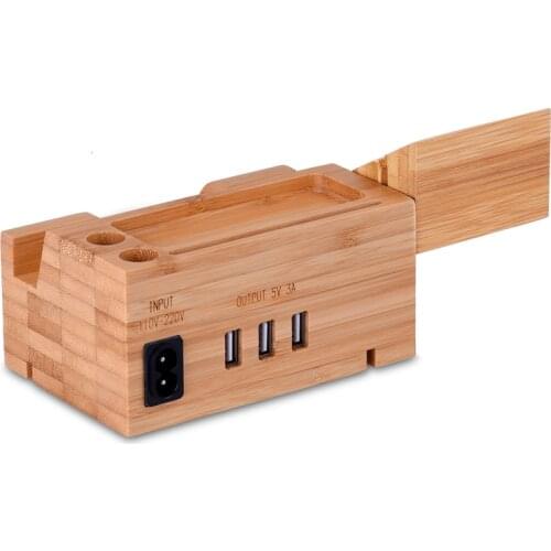 Desktop 3 USB Mobile Phone Charger Holder Stand for iPhone Phones Real Bamboo Wood Charging Stand Dock for Apple Watch Bracket