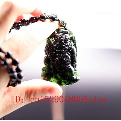 Natural Black Green Chinese Jade Warrior Pendant Beads Necklace Charm Jewelry Obsidian Accessories Carved Amulet Gifts for Men