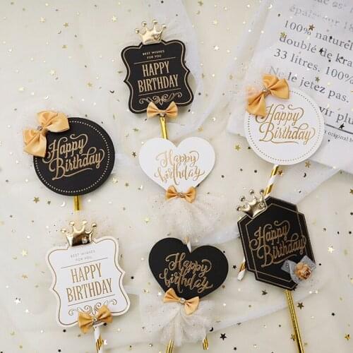Delicate Black White Royal Style Happy Birthday luxury bronzing Cake Topper for Party Decoration Baking Supplies Love Gifts