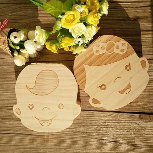 Lovely Girl /Boy Image English Wooden Baby Milk Teeth Box Organizer Baby Souvenirs Fetal Hair Tooth Collection Save Box Gifts