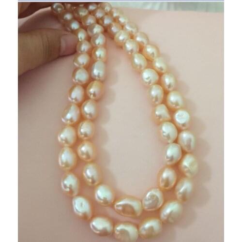 2 rows 12-13mm south sea baroque gold pink pearl necklace 18"19"
