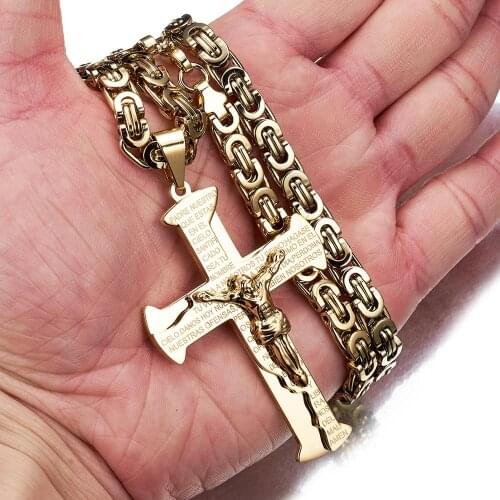 Rock Hip Hop Mens Bible Jesus Cross Pendant Necklace 316L Stainless Steel Byzantine Box Chain Jewelry Gift