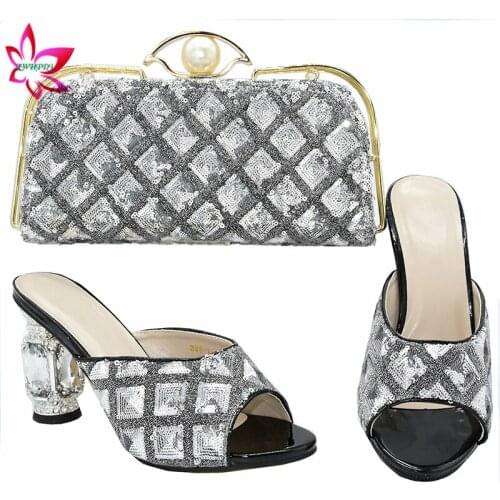 Silver Color High Quality Slipper Shoes Matching Bag for Wedding Party African MAMA New Arrivals Shoes and Bag Set for Party