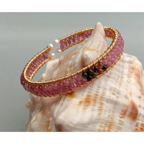 YYGEM Natural 3mm Pink Tourmaline White Pearl Handmade Wrap Bracelet Adjustable Bangle