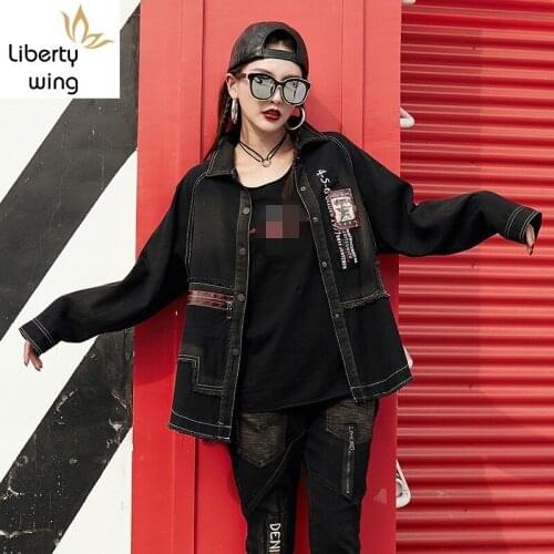 New Women Spring Single Breasted Printed Jean Jacket Street Style Hip Hop Bomber Denim Coat Black Boyfriend Outerwear L XL