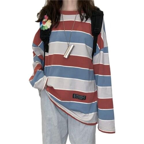 Fall Korean Sweet Oversized T Shirt Women Autumn Loose Rainbow Striped Girls Long Sleeve Preppy Bottoming Tee Shirt Femme