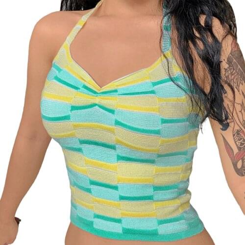 Ladies Summer Sexy Backless Camisole, Creative Color Matching Hanging Neck Lace Up V-neck Sleeveless Base Shirt Knitted Tops