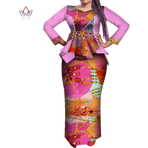 Customize African Print Peals Long Sleeve Tops and Skirt Sets for Women Bazin Riche African Clothing 2 Pieces Skirts Sets WY7641