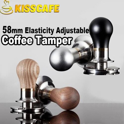 58mm Elasticity Adjustable Coffee Tamper 304 Stainless Steel Wooden Handle Flat/Thread Pressure Press Hammer Coffee Accessorie