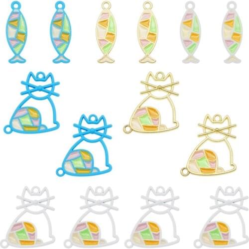 Julie Wang 6PCS Enamel Cat Fish Charms Mixed Spray-painted Animal Connector Pendant Bracelet Earrings Jewelry Making Accessory