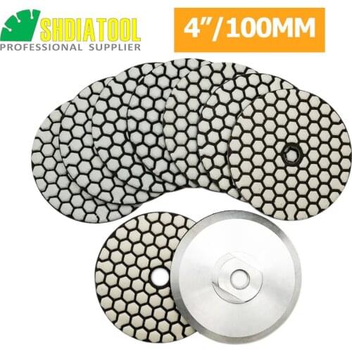 SHDIATOOL 8pcs Dia 4"/100MM Resin Bond Diamond Flexible Polishing Pad + 1pc M14 Aluminum Base Backer