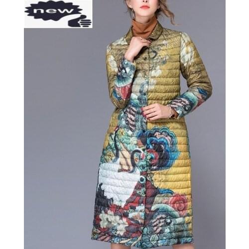 Women Ultra Thin Down Jacket Bohemian Folk Floral Printed Long Trench Coat Female Elegant Ladies Winter Party Outerwear Overcoat