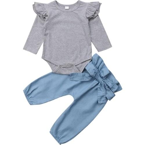 FOCUSNORM Newborn Baby Girl Clothing Fly Sleeve Tops Romper Bowknot Denim Pants 3Pcs Outfit Clothes