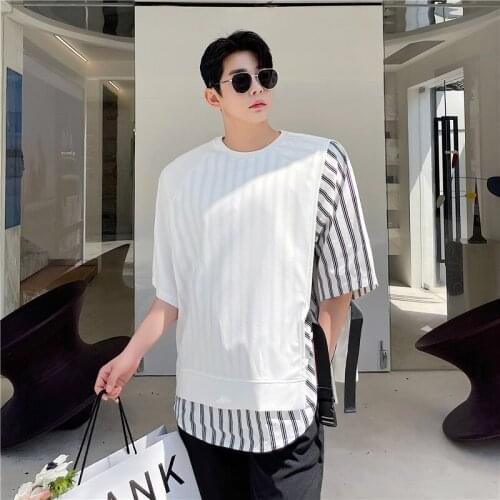 2021 summer Korean style Personalized Fake two design T shirts men casual loose stripe Tee shirts for men M-XXL