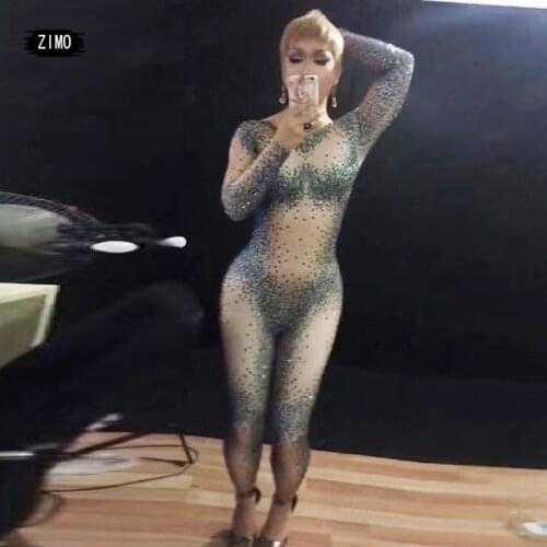 Sparkly Rhinestones Jumpsuit women Sexy Bodysuit Rompers Dance Performance Party Celebrate Nightclub Singer bar DJ DS Stage Wear