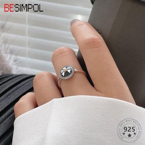 Besimpol Genuine 925 Sterling Silver Round Ring Elegant Vintage Black Bow-knot Open Rings For Women Fashion Fine Jewelry Gifts