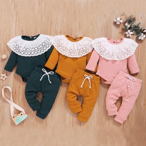 Infant Girl Long Sleeve Romper+ Trousers Lace Stitching Ruffles Elastic Waist Drawstring Design Spring Clothing