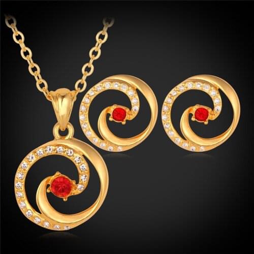 Kpop Round Pendants Necklaces Earrings For Women Gold Color Austrian Rhinestone Fashion Red Crystal Jewelry Sets PE011
