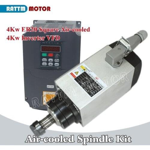 Square 4kw ER20 Air cooled spindle motor 4 Ceramic bearing & 4kw VFD Engraving milling for CNC router machine from RATTM MOTOR