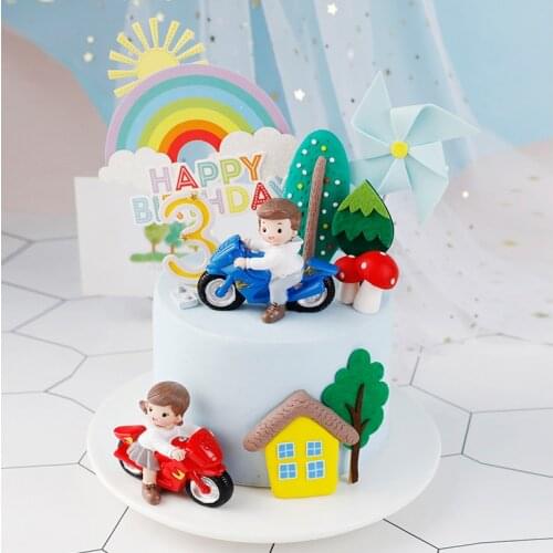 Motorcycle Boy Girl Cake Topper Used For Birthday Party Decoration Supplies Rainbow Mushroom Tree Baby Shower Dessert Flags