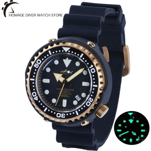 Heimdallr Mens Automatic Tuna Diver Watch Black Dial Sapphire Golden PVD Coated Case 1000m Water Resistance NH35 Movement Watch