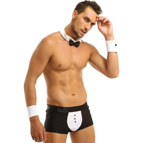 Men Waiter Tuxedo Lingerie Cosplay Costume Crossdresser Underwear Sissy Gay Boxer Bow Tie Collar Bracelets Erotic Sexy 3Pcs Suit