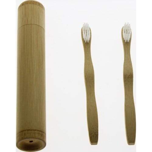 Kid Child Bamboo Toothbrush Set Kit With Travel Toothbrush Case Holder, Pack of 2 Natural Bamboo Toothbrushes