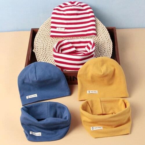 New Autumn Winter Cotton Knit Childrens Hat Collar 2 Set Boys and Girls Hats Set Baby Solid Color Scarf Cap Two-piece Kids Cap