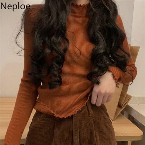Neploe Autumn 2021 Knitted Pullovers Women Half Turtleneck Ruffles Sweater Tops Slim Fit Long Sleeve Korean Sueter Mujer 97167