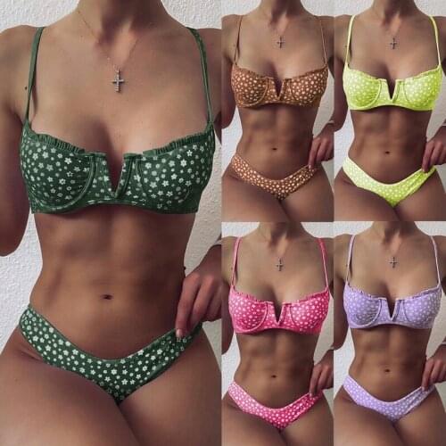 Push Up Bikinis Two Pieces Swimsuits V-neck Swimwear Women Ruffle Biquini Bathing Suit High Cut Beachwear 2021 Floral Bikini Set