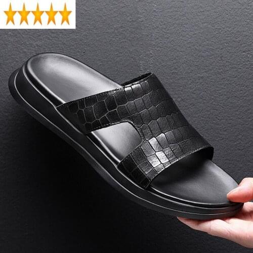 Outside 2021 Mens Summer New Genuine Leather Slides Bathroom Antiskid Man Printed Upper Platform Slip On Beach Slippers