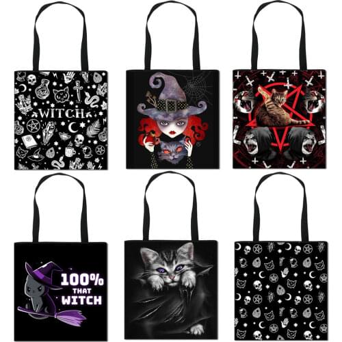 Witch and Black Cat Print Handbag Women Causal Totes Bag Witchcraft Girls Shoulder Bags for Travel Ladies Shopping Bag