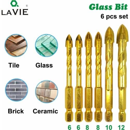 6pcs 1/4" Hex Shank Twist Glass Bits Titanium Ceramic Drilling Drill Set 6 8 10 12mm Tile Concrete Cross Tip Hole Bit Tile 02018