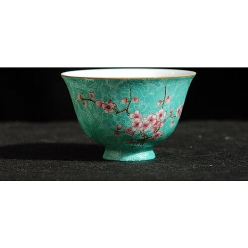 Spot Goods Engraved Flowers Pastel Rolling Road Plum Blossom Tea Cup Ceramic Hand-painted Golden Outline Tea Bowl