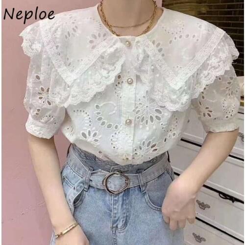 Neploe Lace Embroidery Blouse Women French Hollow Out Peter Pan Collar Blusa Shirts Summer 2021 Elegant Short Sleeve Female Top