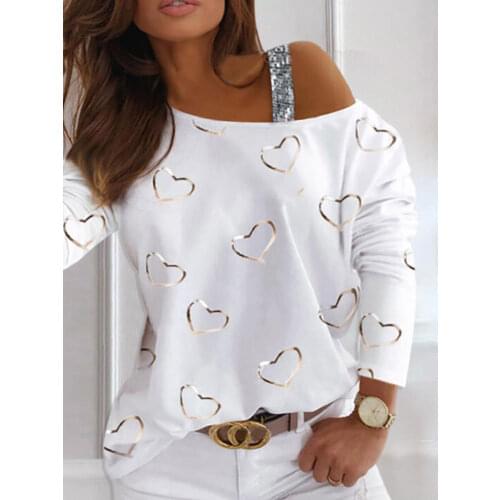 Women Clothing 2021 Spring Autumn Casual Tops Long Sleeve Tee Heart Pattern Sequins Cold Shoulder T-shirt Oversize