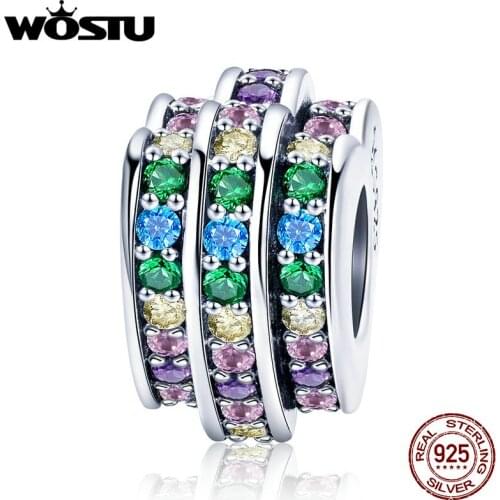 WOSTU Brand Authentic 925 Sterling Silver Rainbow Heart Colorful CZ Charm fit Original Beads Bracelet