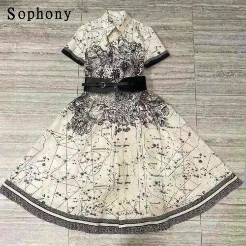 Designer Runway Apricot Black Short Sleeve Midi Dress For Women Elegant Vintage Print Shirt Woman Dress Goblincore Clothes Robe