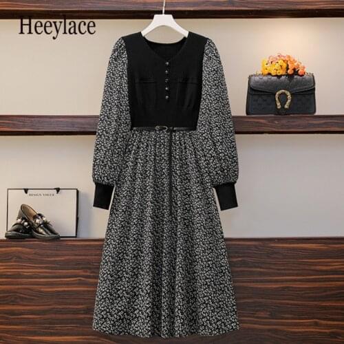 Plus Size Women Knitted Floral Print Patchwork Dress 2021 Winter Sweater Long Sleeve Ladies High Waist A Line Dresses Clothing