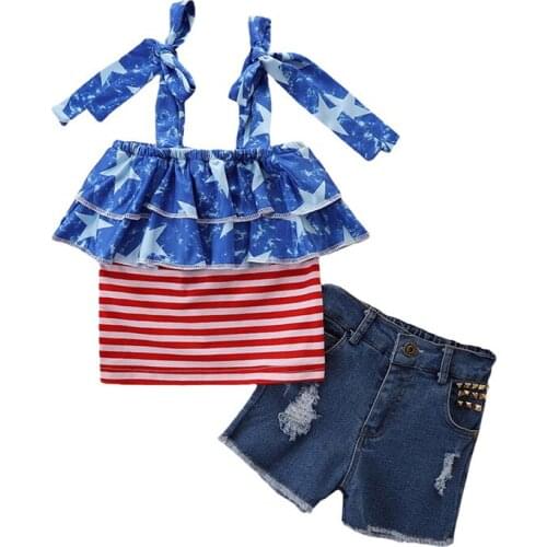 1-6Years Toddler Girls 2Pcs Summer Clothes Sets Off Shoulder Strap Stars Stripes Print Ruffles Tops + Denim Shorts Set
