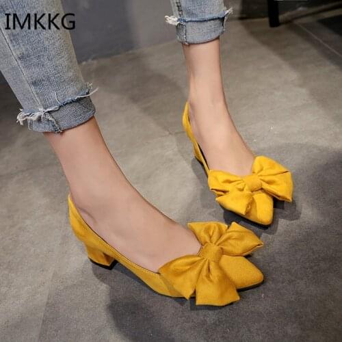 2018 Spring Autumn Pumps Shoes Med High Heel Pointed Toe Chunky Square Heel Slip On Pumps With Big Bow Sweet Women Shoes Q179