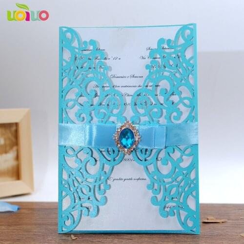 DIY 25set free customize inc263 sky blue laser cut wedding invitation card+tied bow+big rhinestone+printing card+envelope seal
