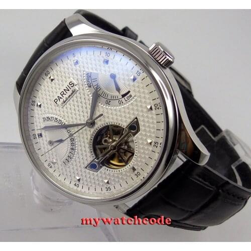 43mm parnis white dial leather power reserve ST automatic mens watch P413