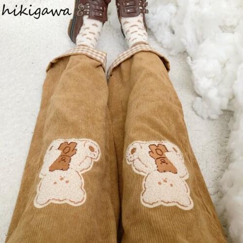 Hikigawa Streetwear Women Cute Bear Embroidery Corduroy Wide Leg Pants Japanese Kawaii Loose Casual Trousers 2021 New Bottoms