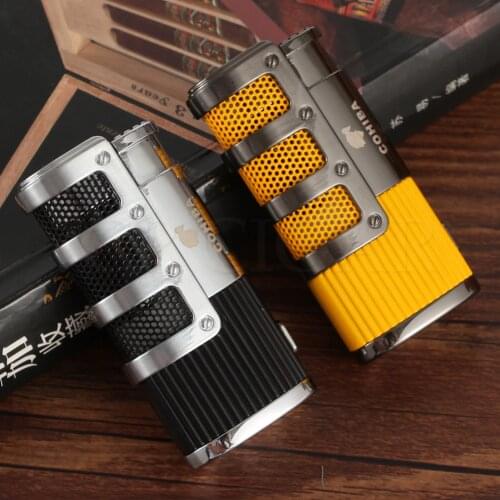 COHIBA 3 Jet Torch Cigars Lighter Windproof Metal Pocket Lighters Butane Refillable Flame Cigarette Gas Lighter W/ Cigar Punch