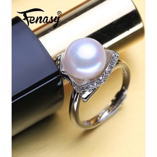 FENASY Natural Freshwater Pearl Rings Trendy Adjustable Size Shining Shell Shape 925 Sterling Silver Rings For Women