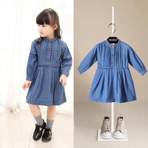 2021 Summer Baby Girl Clothes Childrenfashion Denim Color Sundress Pinafore Long sleeve Dress for Kids 2-7 Years