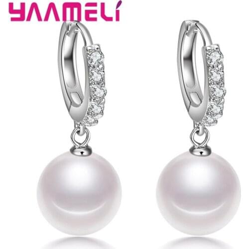 Korean Style Ball Round White Pearl Pendant Earrings for Women Girls 925 Sterling Silver Wedding Engagement Jewelry Gift