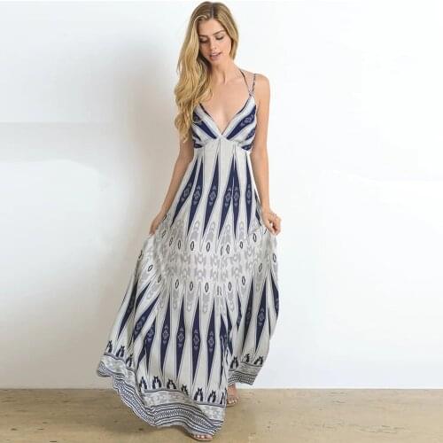 Summer Sexy V-neck Printed Dress Women Clothes Loose Sleeveless Sling Backless Long Dresses Casual Plus Size Party Dress Ladies